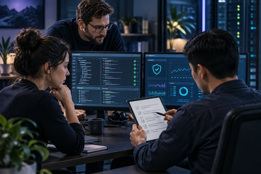 Ein Team prüft gemeinsam Codequalität, Sicherheit, Dokumentation und den laufenden Betrieb.