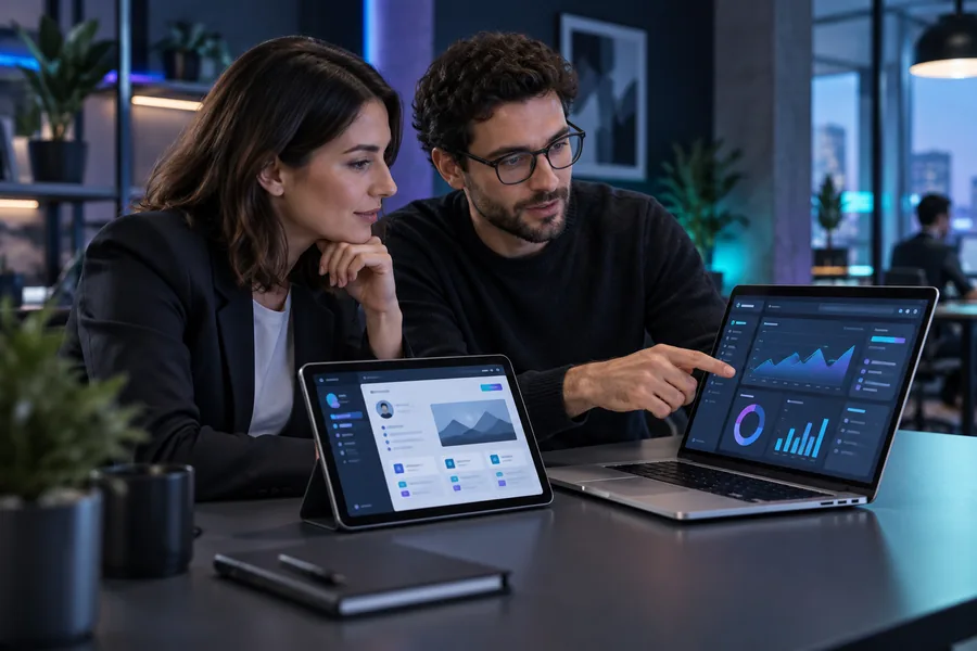 Eine Fachanwenderin und ein Entwickler prüfen gemeinsam eine Webanwendung auf Laptop und Tablet.