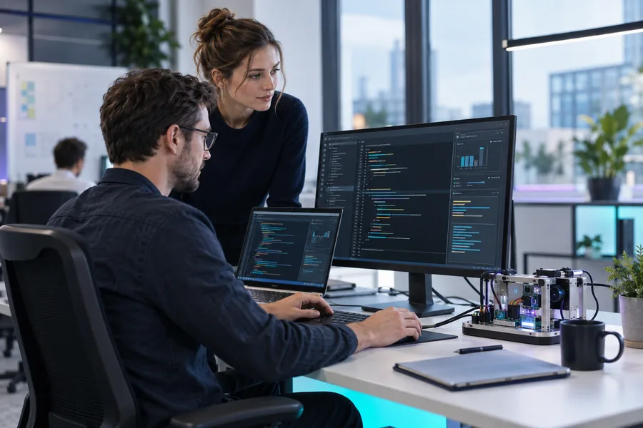 Software wird entwickelt und mit einem angeschlossenen Gerät getestet.